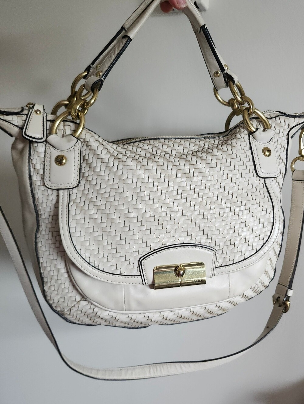 Coach Cream Woven Leather Shoulder Bag with Gold Hardware